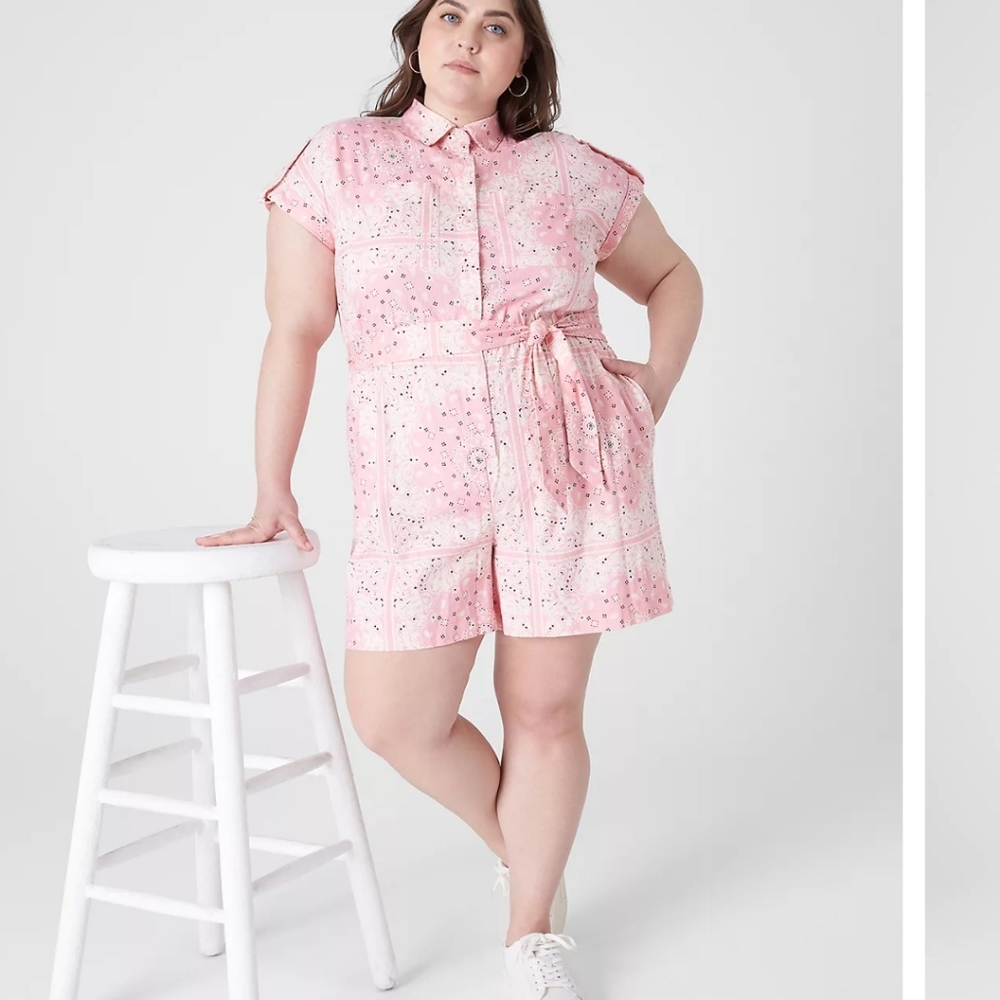 Lane Bryant Pink Short-Sleeve Tie-Waist Romper